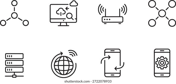 Eine Sammlung von Vektorsilhouettensymbolen, die verschiedene Netzwerk-, Internet- und Technologiekonzepte darstellen