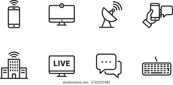 A collection of vector silhouette icons representing various communication technology devices and symbols