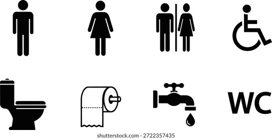 A collection of vector silhouette icons representing restroom and toilet facilities, including men, women, accessible, toilet, toilet paper, and faucet