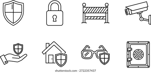 Una colección de íconos de silueta de Vector que representan varios conceptos de seguridad y protección, incluidos escudos, cerraduras y dispositivos de seguridad.