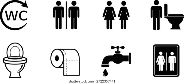 Eine Sammlung von Vektorsilhouettensymbolen, die Badezimmer- und Toilettensymbole darstellen, einschließlich WC-Zeichen und Toilettenindikatoren