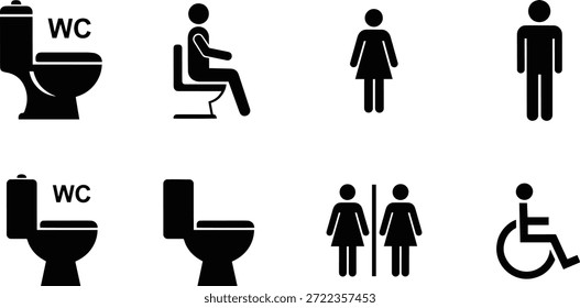 Eine Sammlung von Vektorsilhouettensymbolen, die Toilette, WC, Badezimmer und barrierefreie Einrichtungen für die Designverwendung darstellen