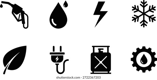 Una colección de íconos de silueta de Vector que representan fuentes de energía y tipos de combustible ecológicos