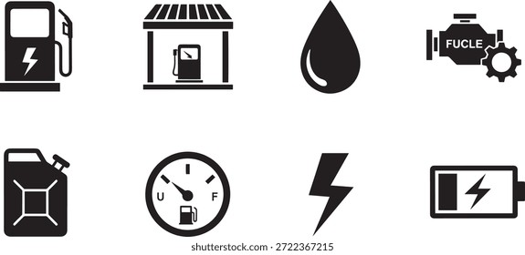 Uma coleção de ícones de silhueta vetorial representando energia, combustível e conceitos de tempo, incluindo uma bomba de gás, medidor de combustível, relógio e muito mais.