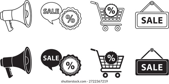 Una colección de iconos de silueta de Vector que representan conceptos de venta y descuento, ideal para Materiales promocionales