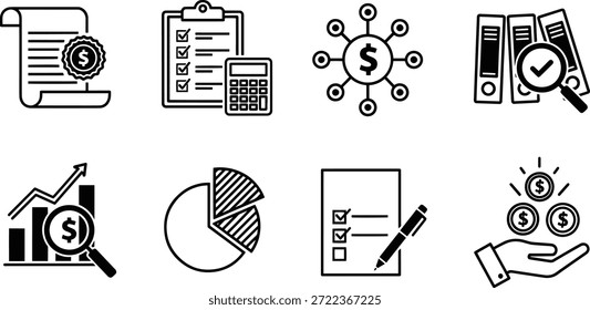 A collection of vector silhouette icons representing business, finance, and accounting concepts