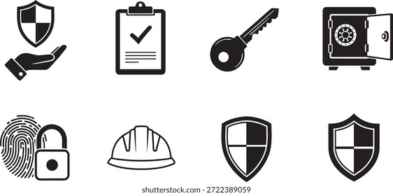 Una colección de iconos de silueta de Vector que representan conceptos de seguridad, protección y protección