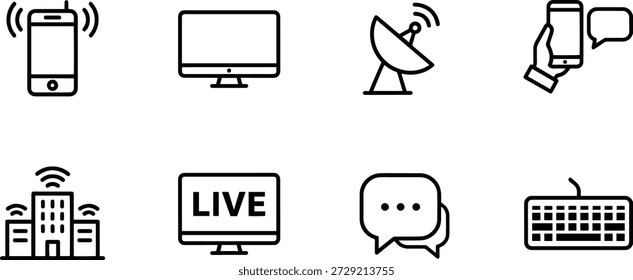 A collection of vector silhouette icons representing various communication technology devices and symbols