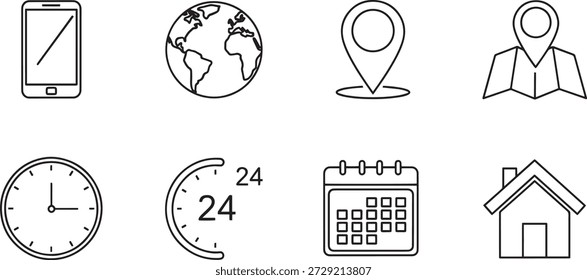 A collection of vector silhouette icons representing various aspects of business and daily life, including technology, travel, and time management.