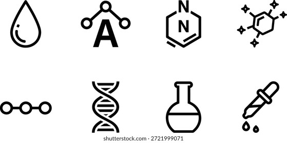 Una colección de iconos de silueta de Vector para la ciencia, la química y el diseño de laboratorios, incluyendo ADN, gotitas, moléculas y más