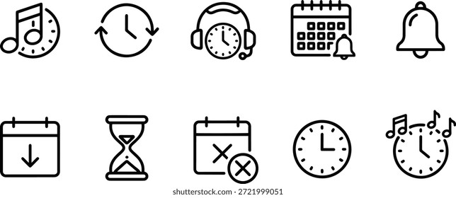 Una colección de iconos de silueta de Vector para el diseño de horarios y horas, con relojes, calendarios, alarmas y más.