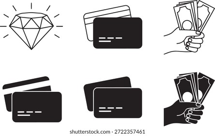 Eine Sammlung von Vektorsilhouettenillustrationen mit Kreditkarten und einem Diamanten