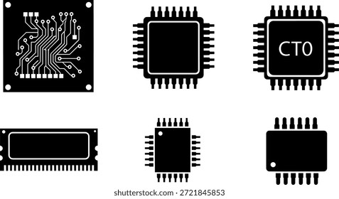 A collection of vector silhouette microchip designs for electronic circuit boards and related components