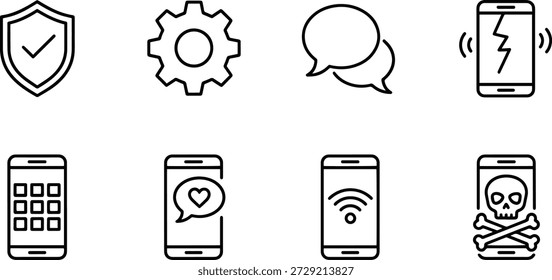 Eine Sammlung von Vektorgrafik-Silhouetten-Handysymbolen, die Sicherheits-, Kommunikations- und Technologiekonzepte darstellen