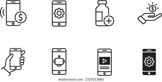 Eine Kollektion von Vektorsilhouetten-Handysymbolen für Design mit Zahlungs-, Gesundheits- und Mediensymbolen im modernen Stil