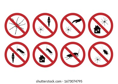 Collection of vector silhouette no spider and cockroach mark on white background. Symbol of stop insect.
