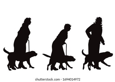 Collection of vector silhouette of old people with dog on white background. Symbol of animal.