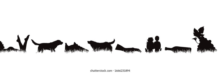 Collection of vector silhouette of people and animals in grass on white background.