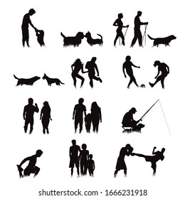 Collection of vector silhouette of people and animals in grass on white background. Symbol of sport.