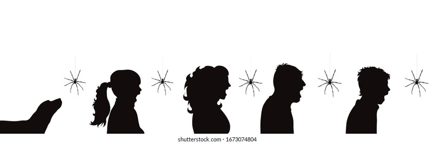Collection of vector silhouette of people who fear spider on white background. Symbol of danger insect and scary.