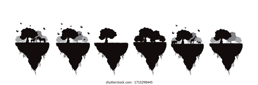 Collection of vector silhouette of piece of land with trees and flying butterflies on white background. Symbol of nature and planet.