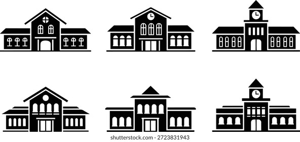 Una colección de diseños de edificios escolares de silueta de Vector para fines educativos y de diseño