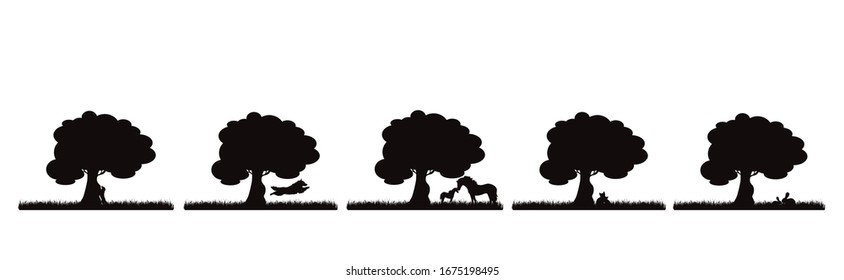Colección de silueta vectorial de árbol en pradera con animales sobre fondo blanco. Símbolo de naturaleza y planta.