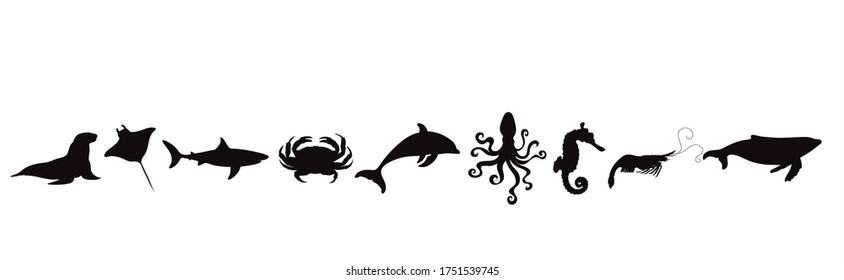 Collection of vector silhouette of water animals on white background. Symbol of nature and ocean creatures.