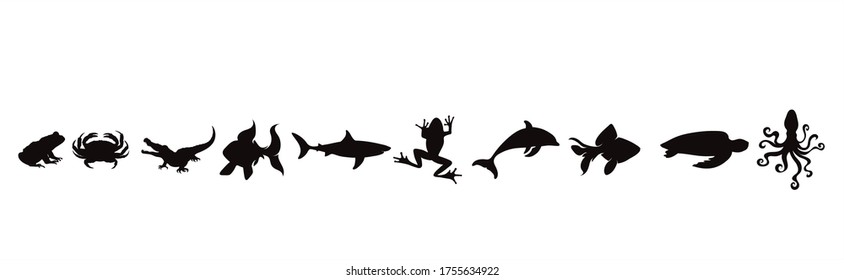 Collection of vector silhouette of water animals on white background. Symbol of nature and ocean creatures.