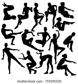 Collection of vector silhouette of young slim girls of posing in various strange poses