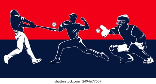 Collection of vector silhouettes of baseball players, silhouette designs, baseball poses, pitcher, catcher ,batting