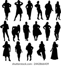 Collection of vector silhouettes of body positive women. Set of black icons for plus size girls in different poses.