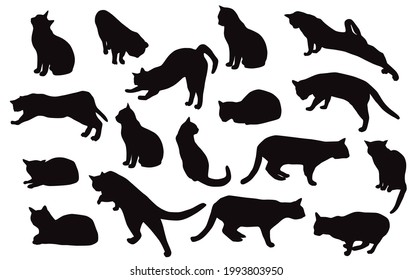 Collection of vector silhouettes of cats in different poses, sitting, standing, jumping, black color, isolated on a white background