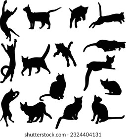 Collection of vector silhouettes of cats isolated on white background. Black icon of a cat in different poses, jumping, sitting, standing, walking, playing