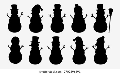 A collection of vector silhouettes of cheerful New Year's snowmen.