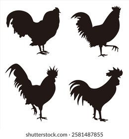 Collection of vector silhouettes of chickens isolated on white background. Collection of Different Rooster, Cock Poses. Perfect symbol for your web site design, logo, app, UI. Vector illustration, EPS