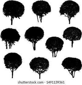 Collection of vector silhouettes of decorative trimmed bushes isolated on a white background. Black icons of round trimmed bushes