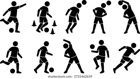 Colección de siluetas de Vector que representan diversas actividades deportivas, incluidos jugadores de fútbol, corredores y ejercicios de estiramiento. Conjunto aislado sobre fondo blanco.