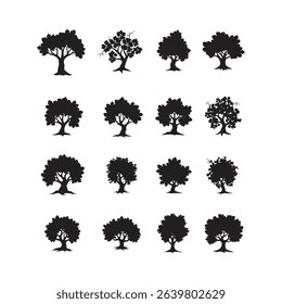 Collection of vector silhouettes of diverse tree illustrations for design and graphic resources