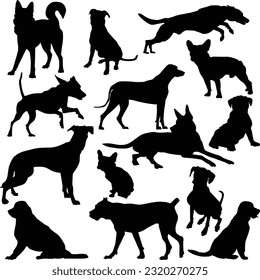 Collection of vector silhouettes of dogs of different breeds isolated on white background. Black icons of dogs stand, sit, lie, jump
