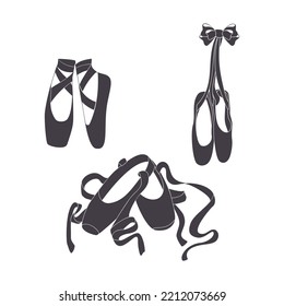 Collection of vector silhouettes of drawings of pointe shoes on a white background. Ballet. Pointe shoes.