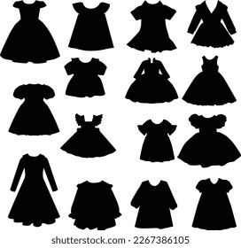 Collection of vector silhouettes of dresses for little girls isolated on a white background