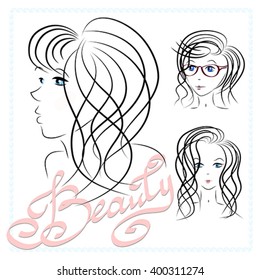 Collection of vector silhouettes face of a beautiful girl in a frame. Several shapes. Different hairstyles, tender look, the use for the presentation of the spa, beauty and hairdressing salons.