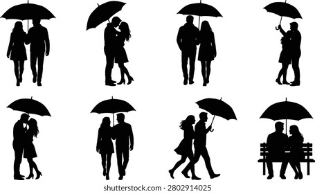 A collection of vector silhouettes featuring couples sharing an umbrella during rainy weather. This romantic set includes partners walking together, kissing, hugging, and sitting on a bench, making it ideal for Valentine's Day, wedding, and seasonal relationship concepts.