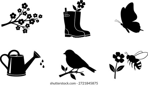 Una colección de siluetas de Vector con herramientas de jardín, flores, un pájaro y un insecto para uso de diseño