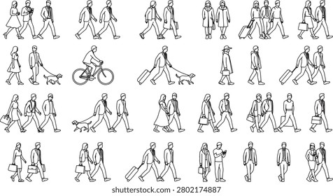 Collection of vector silhouettes featuring groups of people walking standing and traveling with suitcases handbags and dogs presented as linear drawings for architectural projects urban design concepts isometric style and pedestrian visualization.