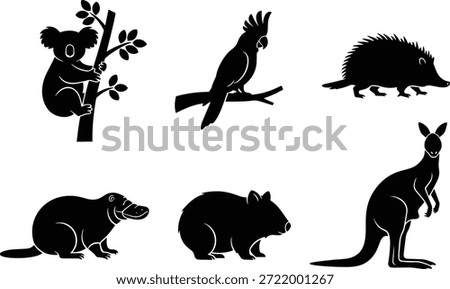 A collection of vector silhouettes featuring iconic Australian animals, including a koala, bird, hedgehog, wombat and kangaroo