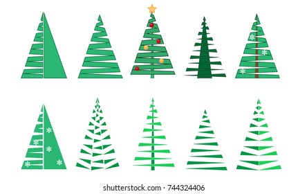 Collection of vector silhouettes of fir trees of different types and colors, the Christmas tree, geometric abstraction, triangle,isolated on white background