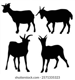 Collection of vector silhouettes of goats isolated on white background. Collection of Different Goat Poses, Perfect for Logo, Design, and More.