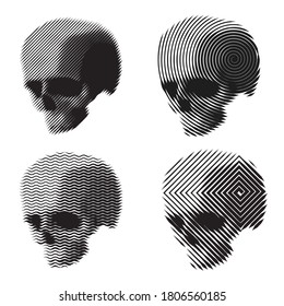 Collection vector silhouettes of human skulls in engraving monochrome line style. Isolated on white background. Design element for print, card, cover, poster.